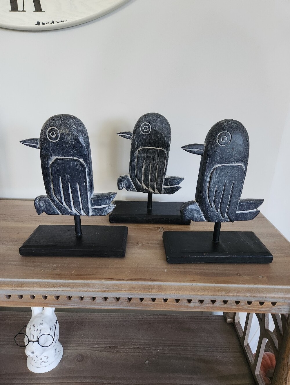Set of 3 Primitive Folk Art Black Bird Wood Sculptures Rustic Raven Decor